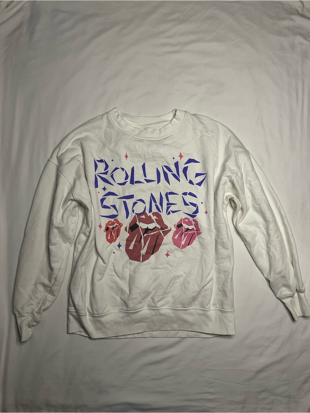 American Eagle Rolling Stones white crewneck sweatshirt with frayed hems